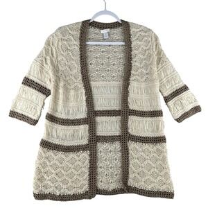 Chicos Crochet Cardigan Sweater Womens Size 1 Medium‎ Knit Half Sleeve Lagenlook
